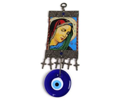 Wall hanging Christianity Woven Fabric Madonna Small Crucifixes Blue ornate Stone 