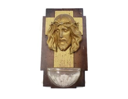 large Holy Water Font Glass Wooden Back Jesus Head Of thorns art Deco Spelter wall hanging