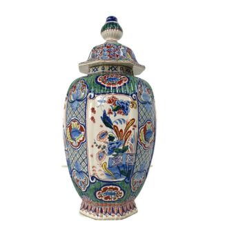 Antique Large Delft Polychrome Chinoiserie Urn 18th century Signed NB pottery