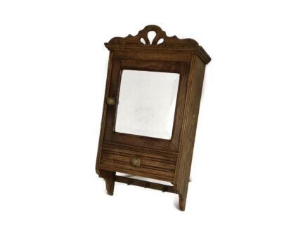 Medicine Apothecary Cabinet Ornate Wood beveled glass Towel Hooks Vintage 