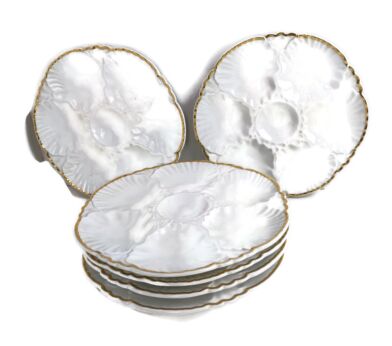 set of 7  Oyster Plates Porcelaine de Baudour Cerabel White with Golden Rim Belgium  stylish