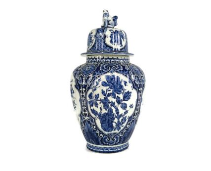 Large Vase Urn Lidded   Foo Dog Blue white, Delft marked Royal Sphinx Maastricht Vintage