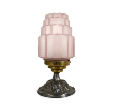 Art Deco Desk table Lamp skyscraper Art Glass Shade Pink  Brass with Pewter Base 