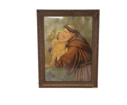 Framed Print behind Glass ornate Saint Anthony of Padua with Infant Child Jesus vintage