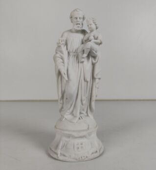 Antique Porcelain Bisque Statue Saint Joseph Angel Lilies Protector of homes Marked L & M  
