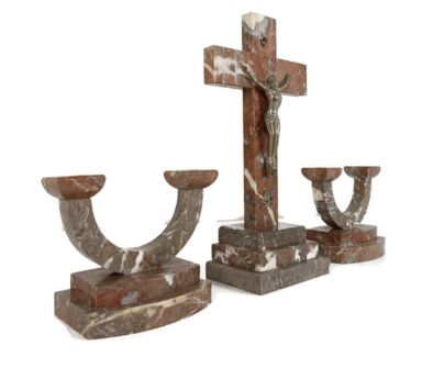 Art Deco Altar Set Standing Crucifx two Candle holders Marble Onyx Antique Gorgeous