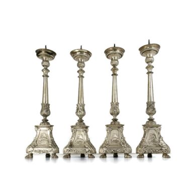Set of 4 Altar Large Brass Silverplated Candle Sticks Candle Holders Antique 17th C WOW