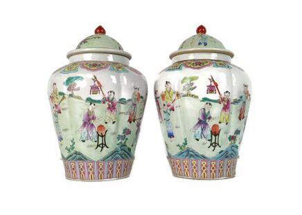 Vintage pair Urn Vases mid Century Chinese hand Painted Family Rose Playing Children