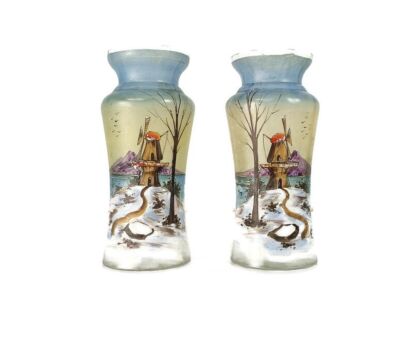 Art Deco Antique hand Painted French Couple of Vases Glass 