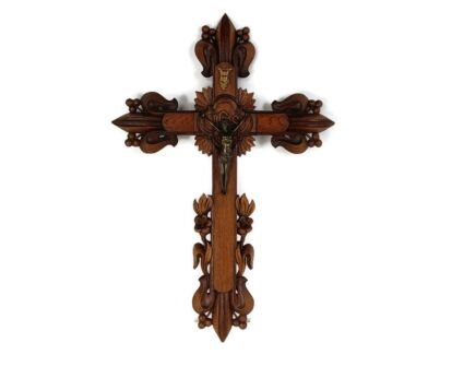 large Hand Carved Wooden French Hanging Crucifix Cross grapes French Gorgeous