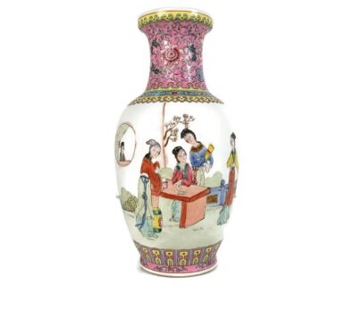 Chinese Vase tall Hand Painted Family rose Vintage 50s Porcelain Geisha's in garden
