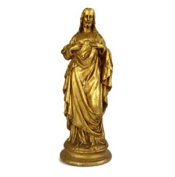 Statue Jesus Christ Savior Sacred Heart Holy Heart Plaster Antique   Hand Painted Gold gilded