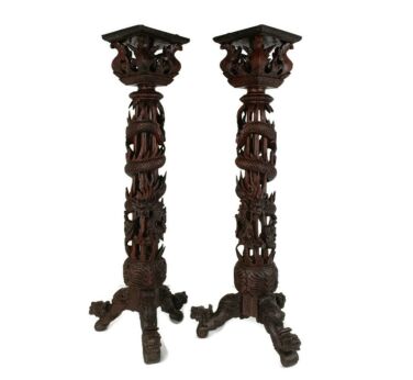 Antique 19th C Couple Pair Chinese Torches Pedestal Plant Bonsai Stand Dragons