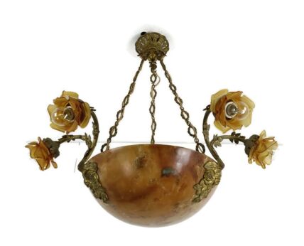 Art Nouveau Pendant Chandelier Alabaster Amber Flower Shades 9 Lights  Antique Gorgeous
