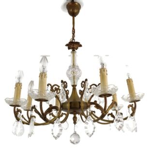 Vintage Chandelier with Glass Prisms Brass Hollywood regency 8 lights 