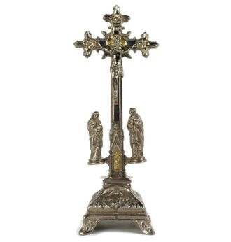 Standing Crucifix Cross Saint John Saint Mary Magdalene golgotha Apostles Ornate Vintage Spelter 