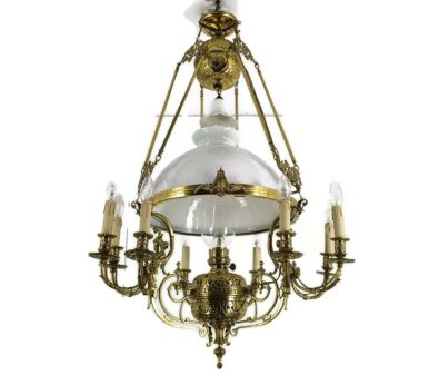 art Nouveau XL Chandelier Bronze Dore Copper Opanine glass Shade 10 lights
