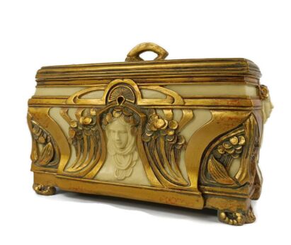 Art Nouveau Style Chest Jewelry Trinket Box Resin Ornate Female Faces gold colored