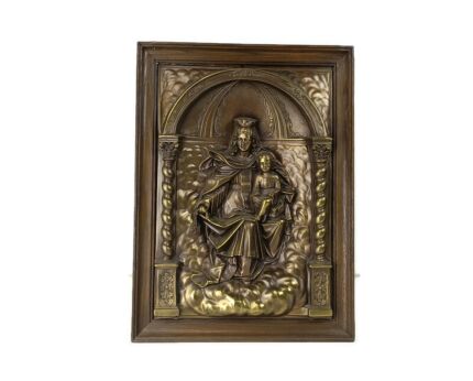 Wall Plaque Hanging Bas relief Brass Framed Seated Madonna Virgin Mary with Infant dedicated 