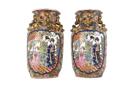 Vintage Couple Chinese Vases Porcelain family rose hand painted Foo dogs gorgeous