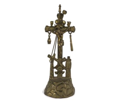 Vintage Ornate Brass Standing Crucifix Cross tools of Passion Rooster Christianity