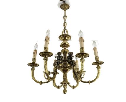 Exquisite Hollywood Regency Chandelier 6 arm Bronze Patinated Cherubs Trumpet