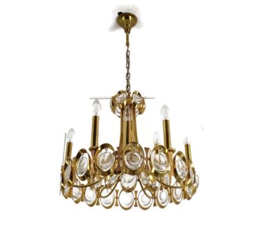 Rare 9 Lights Palwa Chandelier Gold Plated Crystal Prisms 1960s Germany WOW