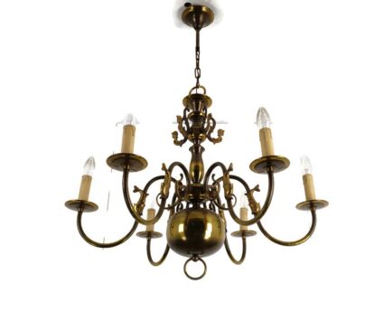 Flemish Dutch Chandelier 6 Arm Lights Brass  Country Farmhouse Style Vintage