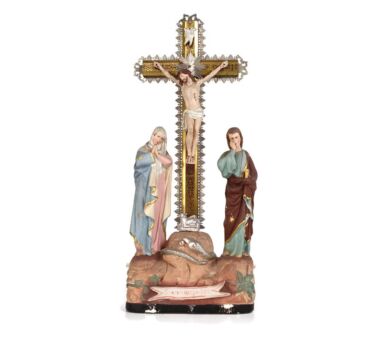 Calvary Crucifix Christ Crucifixion Mary Magdalene St John the Apostle  Plaster Polychrome Wood  Ormulu