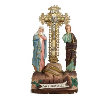 Calvary Crucifix Christ Crucifixion Mary Magdalene St John consummatum  est Plaster  Ormulu