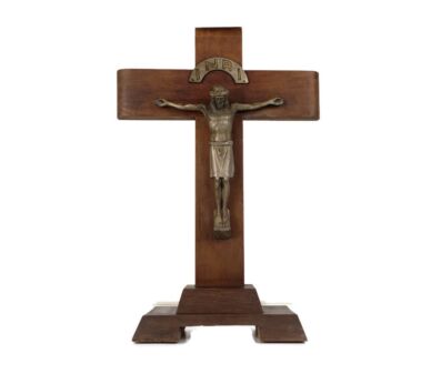 art Deco Standing Crucifix Wood oak Spelter Corpus Modernist Antique Cross