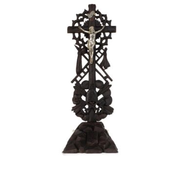 Standing Crucifix Wood Spelter Corpus Hand Carved tools of Passion vintage Jesus Christ