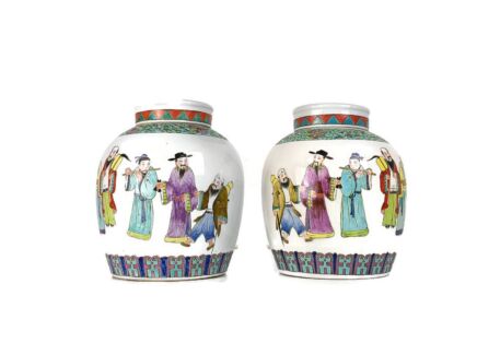 Couple Bowls ginger Jars, Chinese Urns Vintage Polychrome, lovely scenes family Rose Lidded