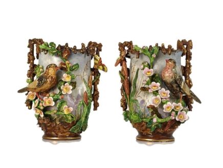 Pair Antique Majolica Pottery French Planters Indoor Flower Pots cache pots Birds Flowers