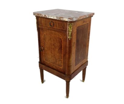 Antique arte deco Nightstand End table bedroom cabinet marquetry Inlay Marble top brass trim