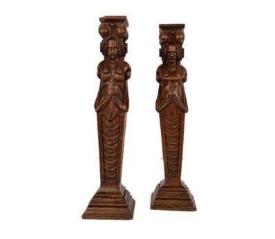 French breton Pair Corbels Hand Carved Wood Panels Impressive Architectural reclaimed Figurines Antique 