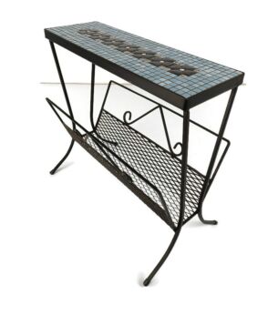 Vintage Mid Century Modern Magazine Rack Newspaper Basket Side Table Mosaic Tiles 