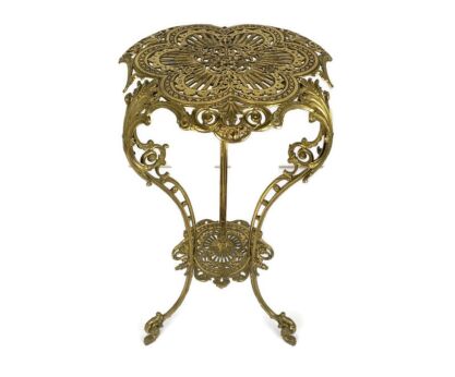 Ornate French Brass Pedestal Table Plant Stand 2 Tier Hollywood Regency Floral Pattern