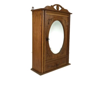 Antique Medicine Apothecary, Pharmacy, Cabinet, oval Beveled glass Mirror  Barn Style, etched wood