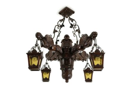 Gothic Chandelier Antique Gargouilles Oak Wood 1900 Huge 4 Lights exquisite WOW