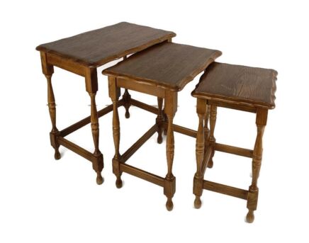 set of 3 vintage carved wood Oak nesting stacking tables side tables barn farmhouse