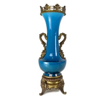 large J. Massier for Vallauris blue ceramic Vase Urn with Bronze details Gorgeous 