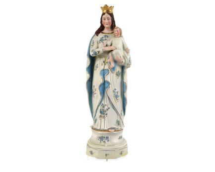 Bisque Porcelain Antique Statue Virgin mary Madonna with Infant child pastel blue 