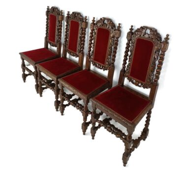 Set of 4 Antique Barley Twist Hand carved Ornate Parlor Chairs Barn style Gorgeous