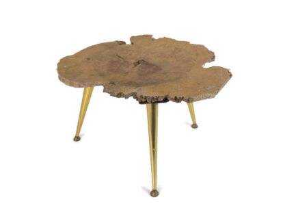 Small Wooden Wood Brutalist table brass Legs Wooden top Steampunk modernist 