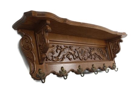 Ornate Hand Carved Antique Wooden Wood Coat hat rack Fish Shield Beautiful 