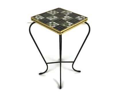 Vintage Small Side Table Plant stand Mosaic tiles Checkered pattern Wrought Iron legs