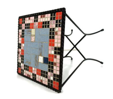 Vintage Small Side Table Plant stand Mosaic tiles Checkered pattern Wrought Iron legs Beautiful