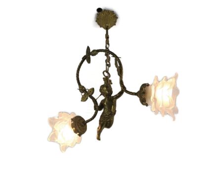 Antique Art Deco Flying Cherub Chandelier Bronze Art Glass Petal Shades 2 lights