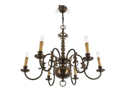 Flemish Dutch Chandelier 6 Arm Lights Brass Barn Farm Countryhouse Style Eagles Fish